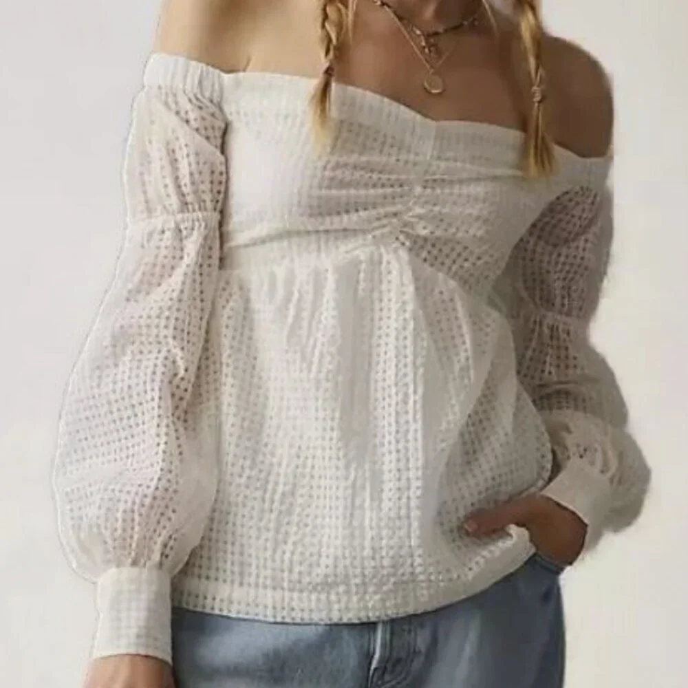 Maeve Anthropologie Off-the-Shoulder Smocked Blouse Puff Sleeves Size M